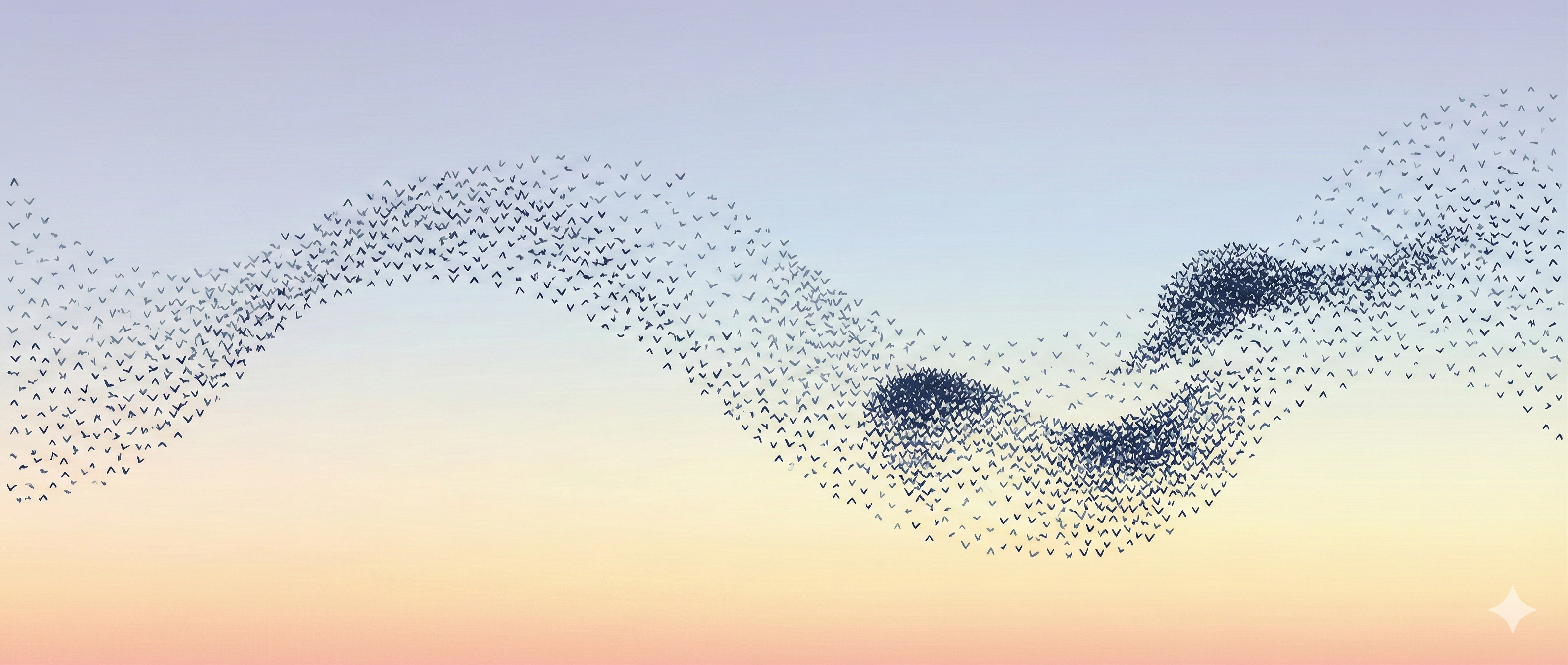 A starling murmuration flowing in a wave across the sky